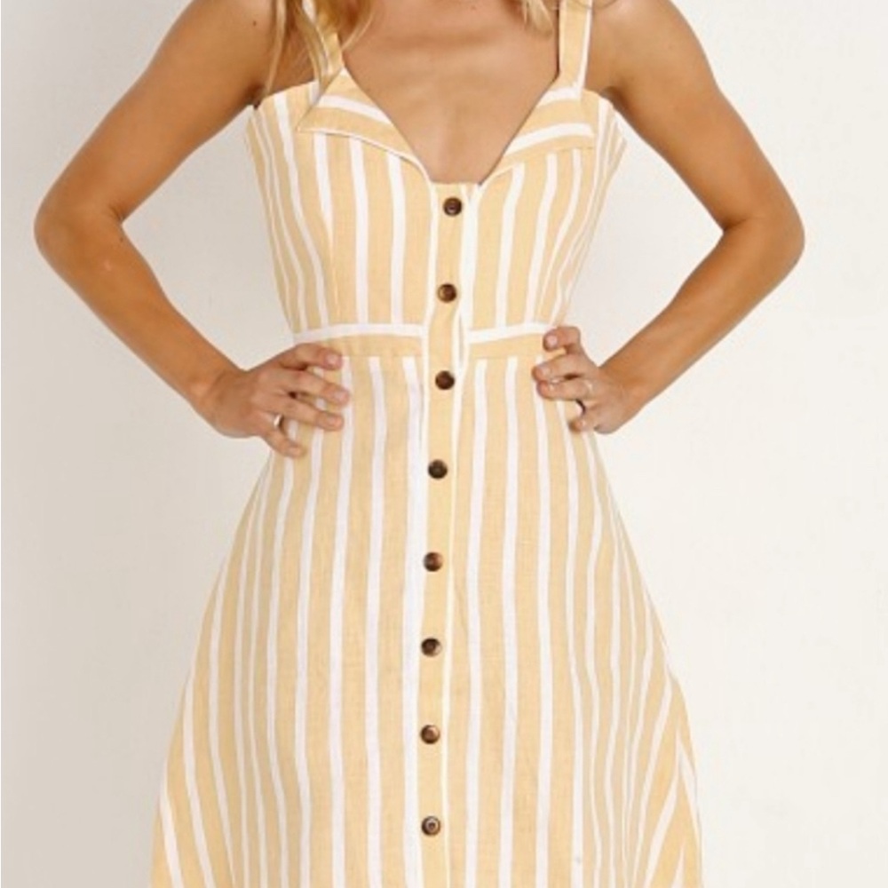 Faithfull the Brand Yellow and White Striped 100% Linen Dress